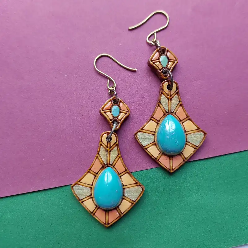 گوشواره زنانه مدل چوبی طرح فیروزه کد EP022