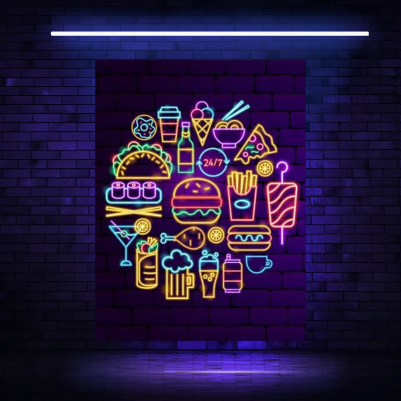 تابلو بوم مدل مخمل بلک لایت دیپ طرح نئون فست فود کد BK23337