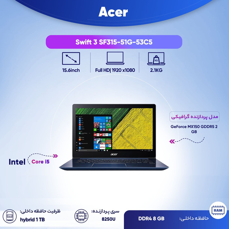 لپ تاپ 15 اینچی ایسر مدل Swift 3 SF315-51G-53C5