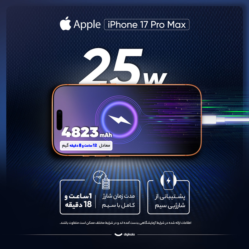 گوشی موبایل اپل مدل iPhone 17 Pro Max ZAA تک سیم کارت + eSim ظرفیت 512 گیگابایت و رم 12 گیگابایت - اکتیو  - به همراه شارژر 20 وات اپل