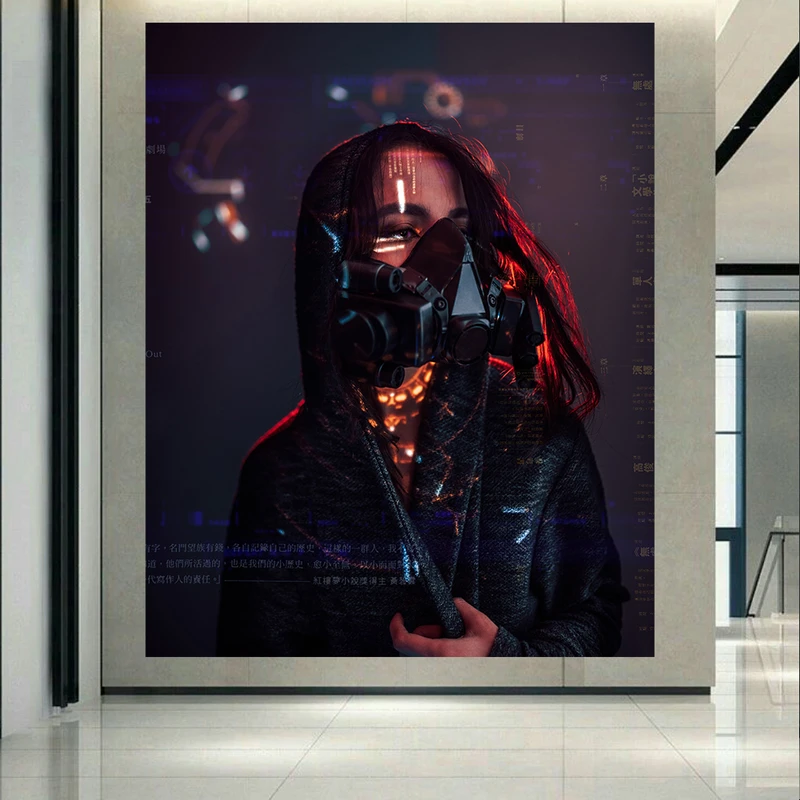 پوستر پارچه ای مدل چرم مخمل طرح گیم cyberpunk دختر و هولوگرام کد AR1330