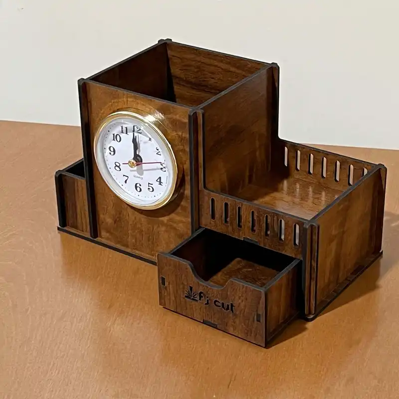 جامدادی رومیزی اف جی کات مدل ساعت دار کشویی طرح چوب