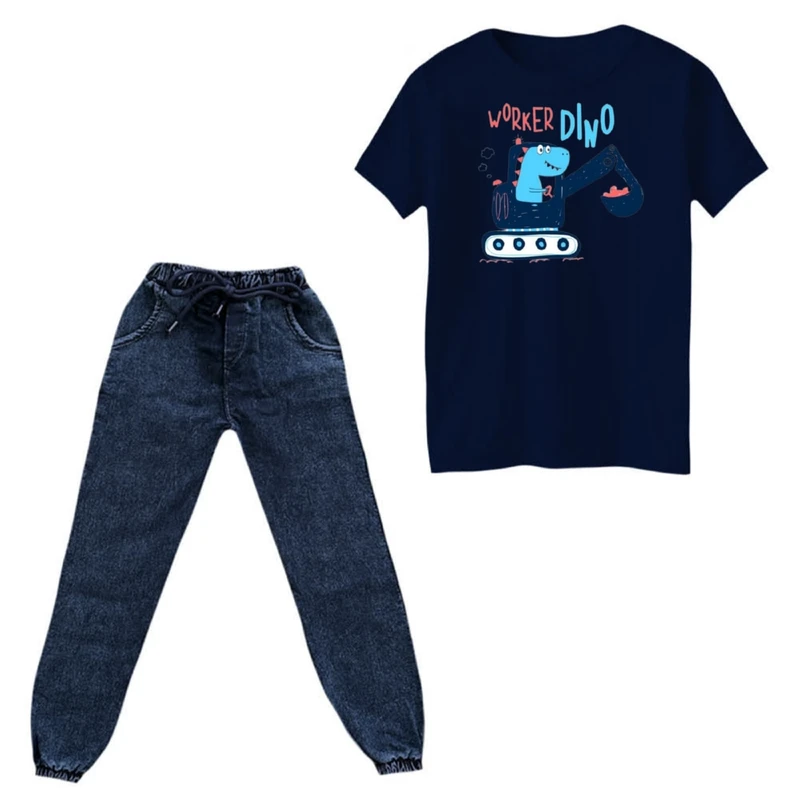ست تی‌شرت و شلوار دخترانه مدل دایناسور و ماشین کار