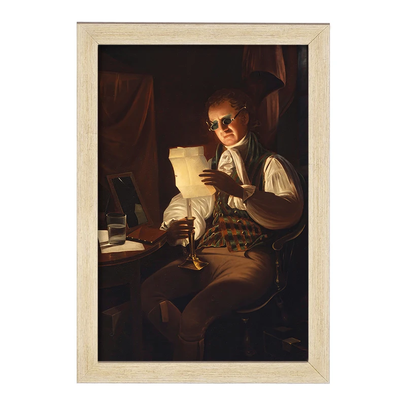 تابلو خندالو مدل نقاشی مردی که در نور شمع می خواند اثر رامبراند پیل کد F12276