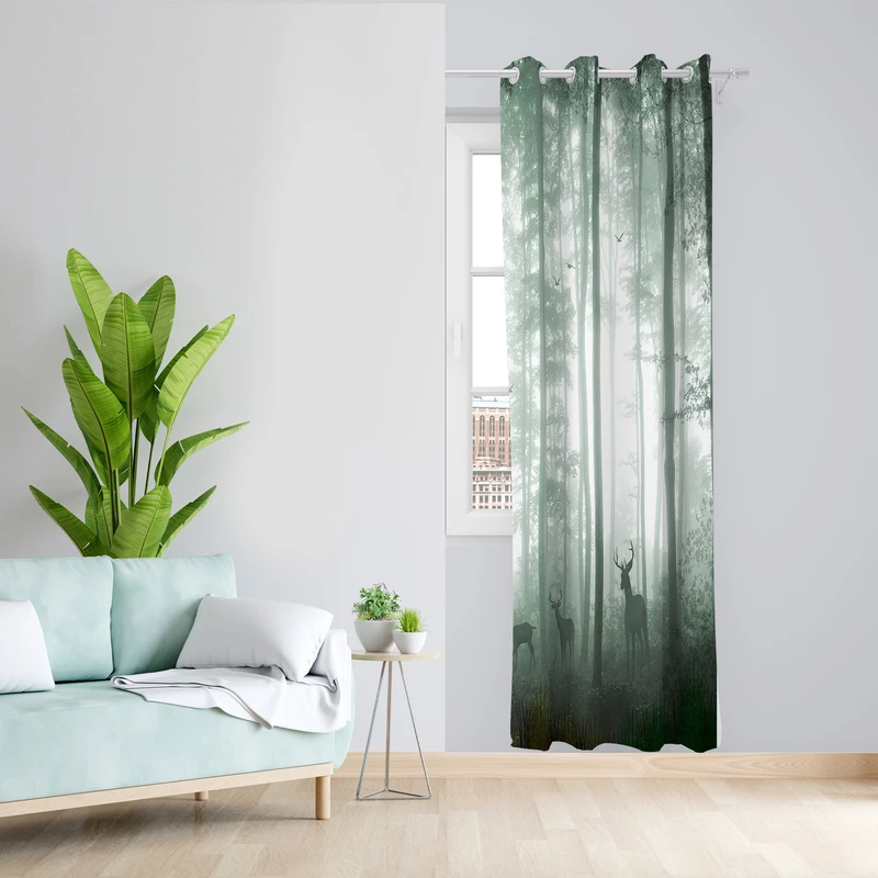 پرده طرح جنگل و گوزن مدل مخمل پانچی کد 4721 z سایز 140x200 سانتی متر
