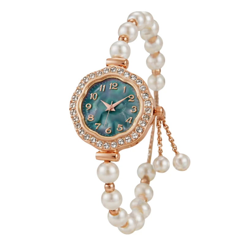 ساعت مچی عقربه‌ای کوارتز زنانه مدل لوکس مینیمال قاب دور نگین قفل کرواتی بند مرواریدی کد ۳