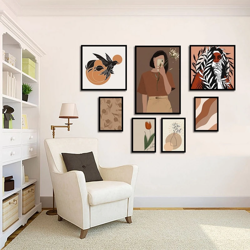 تابلو بکلیت طرح نقاشی مینیمال مدل شاین اکلیلی B-2288 فریم مشکی مجموعه 7 عددی