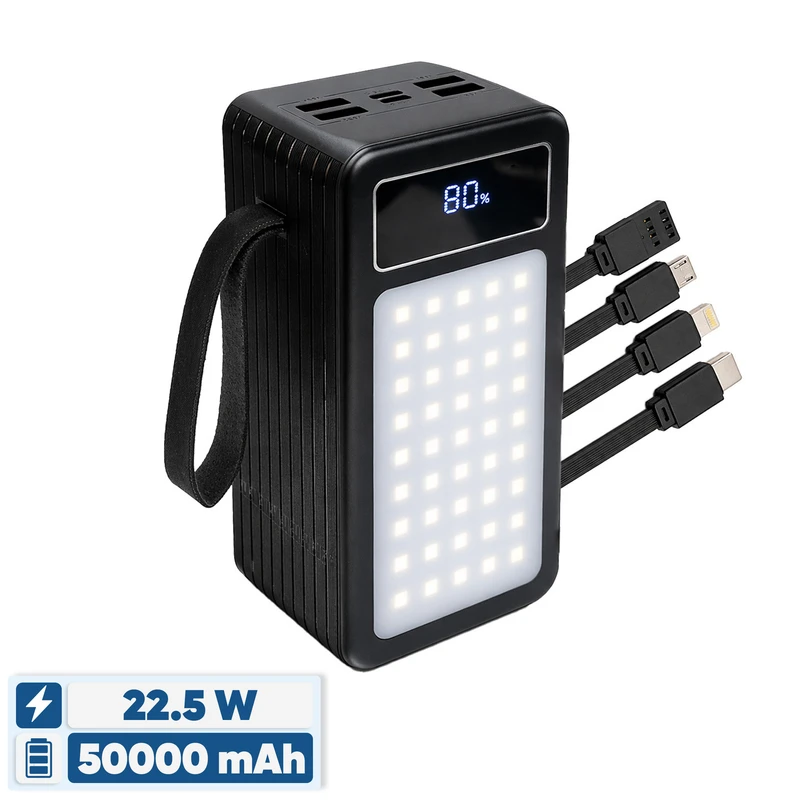 پاوربانک 22.5 وات پی زد ایکس مدل V89s PD Fast Charge ظرفیت 50000 میلی‌آمپرساعت به همراه چهار کابل متصل USB-A، USB-C، MicroUSB و لایتنینگ