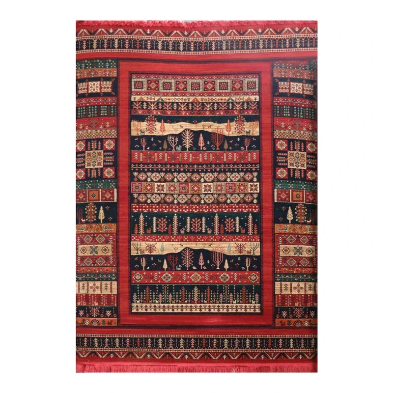 فرش ماشینی 700 شانه فرش هیوا زمینه قرمز لاکی حاشیه سبز مدل بلوچ