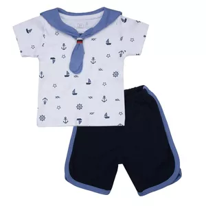 ست تی شرت و شلوارک نوزادی آدمک مدل ملوانی کد 169900 رنگ آبی