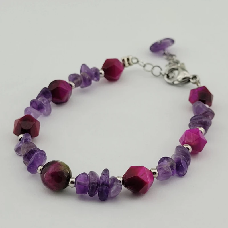 دستبند زنانه مدل سنگ آمیتیست و چشم گربه کد 73