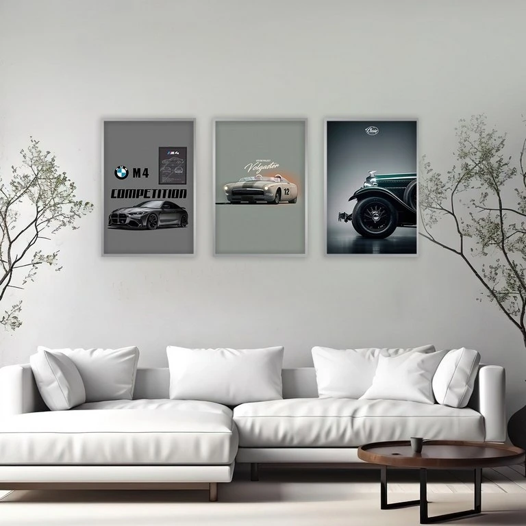 تابلو بکلیت طرح ماشین BMW مدل SI-4938 فریم نقره ای مجموعه 3 عددی