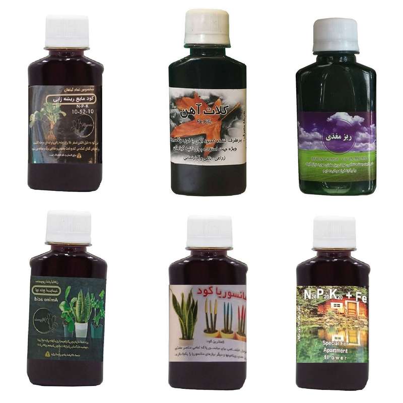 کود مایع فسفر ریشه زایی 10-52-10 و کلات آهن و ریز مغذی و امینواسید و کود سانسوریا و کود کامل 20-20-20 مدل life drop حجم 120 میلی لیتر