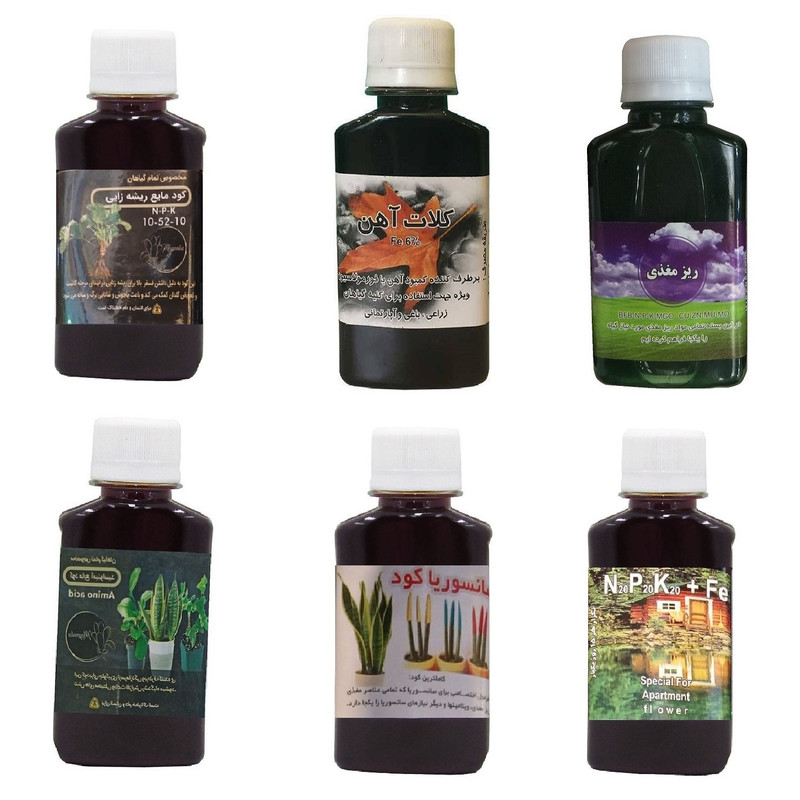 کود مایع فسفر ریشه زایی 10-52-10 و کلات آهن و ریز مغذی و امینواسید و کود سانسوریا و کود کامل 20-20-20 مدل life drop حجم 120 میلی لیتر