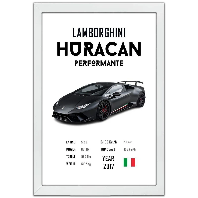 تابلو بکلیت طرح ماشین و خودرو لامبورگینی Lamborghini Huracan Performante مدل W-po1719 فریم سفید