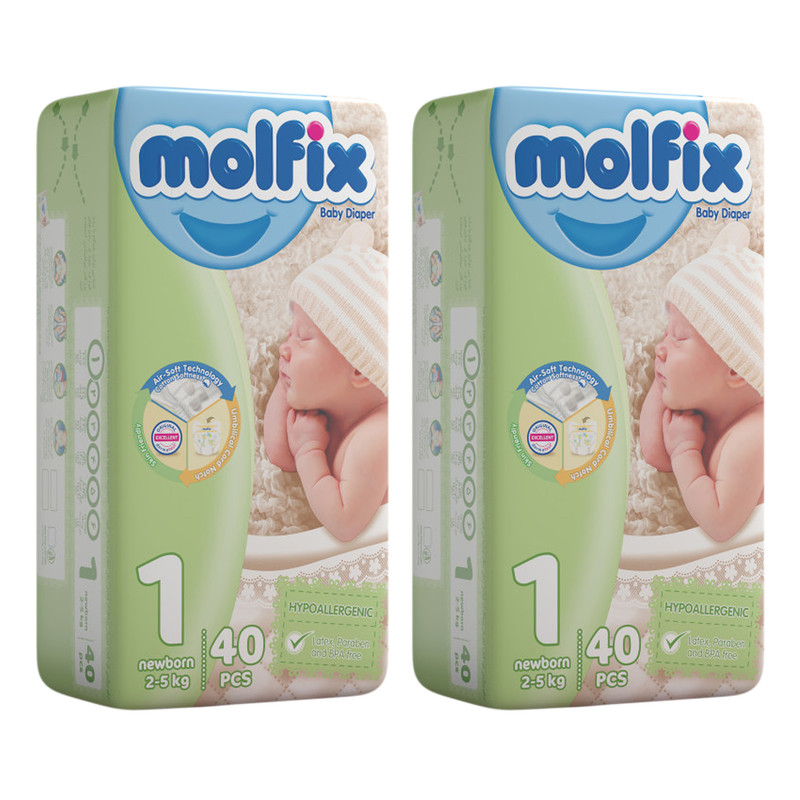 پوشک بچه مولفيکس مدل A10 سايز 1 بسته 40 عددي مجموعه 2 عددی