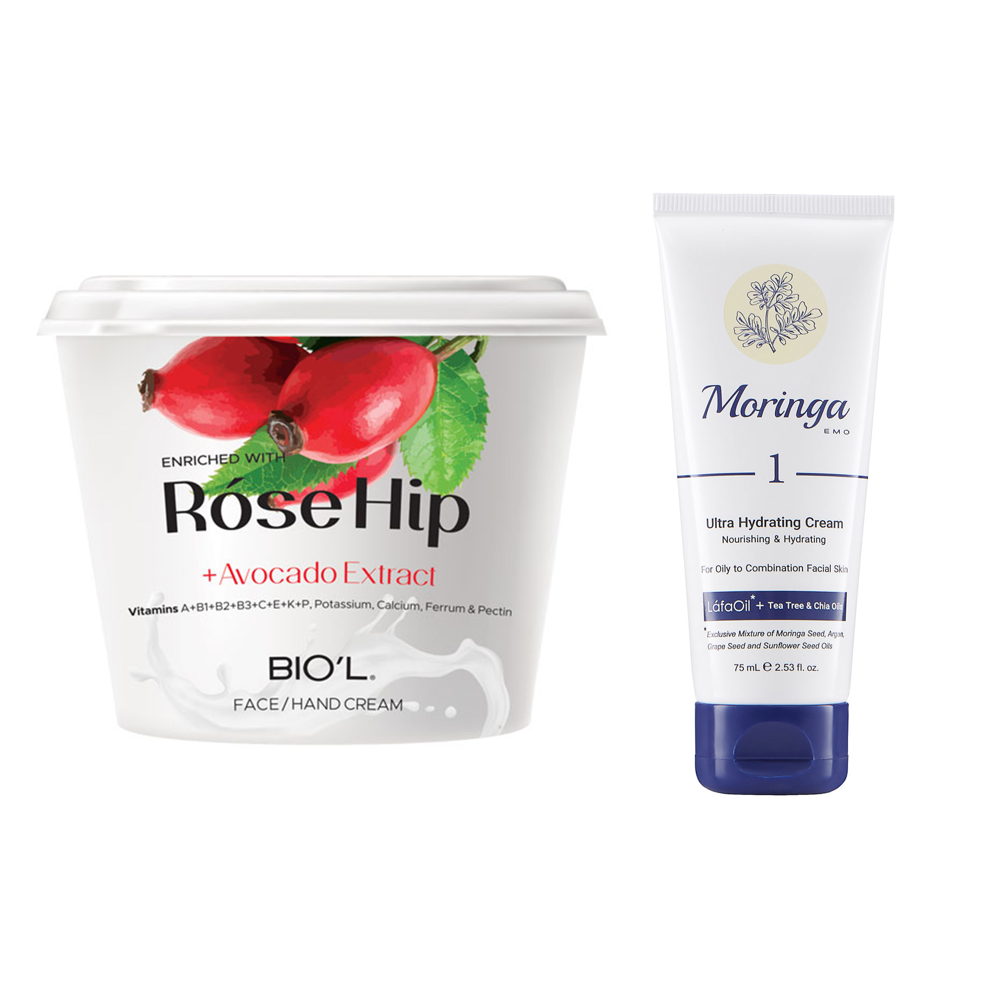 کرم آبرسان مورینگا مدل Tee tree حجم 75 میلی لیتر به همراه کرم مرطوب کننده بیول مدل Rose Hip حجم 250 میلی لیتر