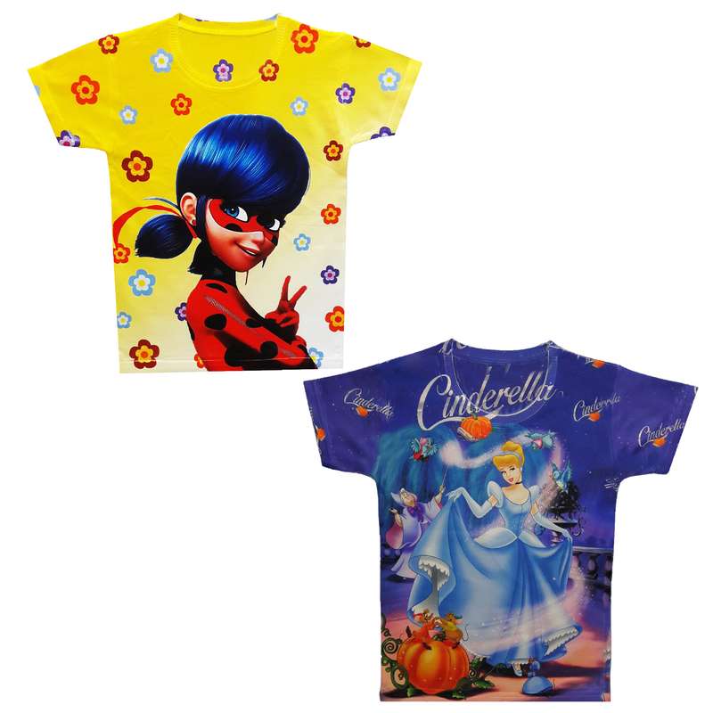 تی شرت دخترانه طرح دختر کفشدوزکی و سیندرلا کد Q70 مجموعه 2 عددی