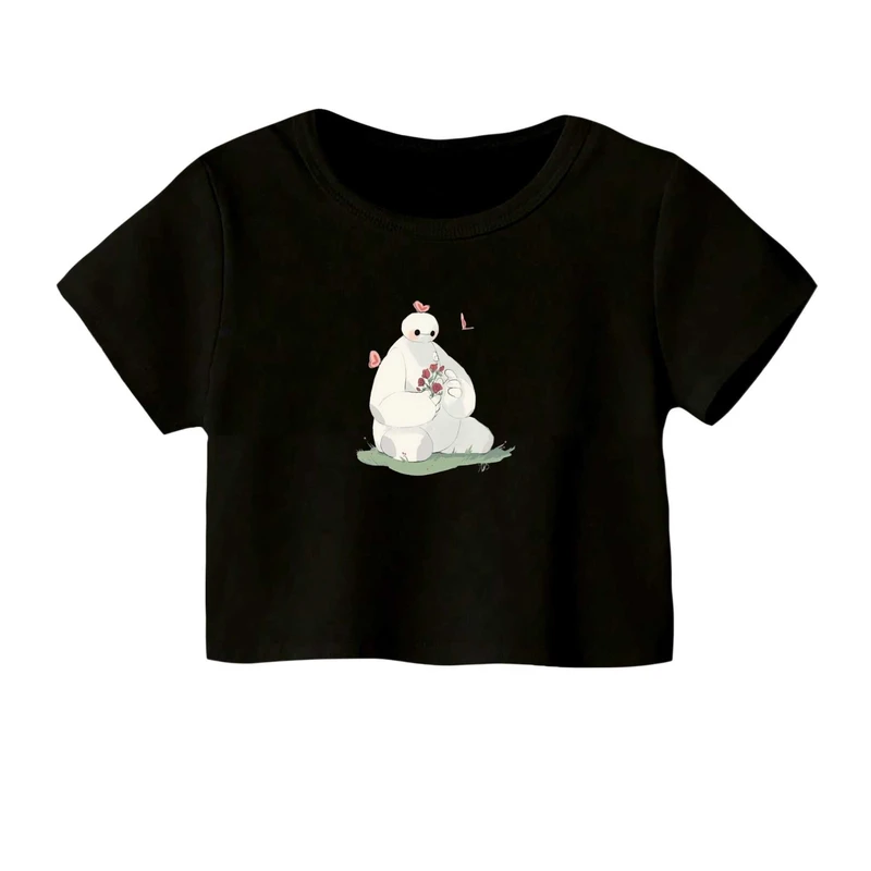 کراپ‌ تی‌شرت آستین کوتاه زنانه مدل بیمکس و گل