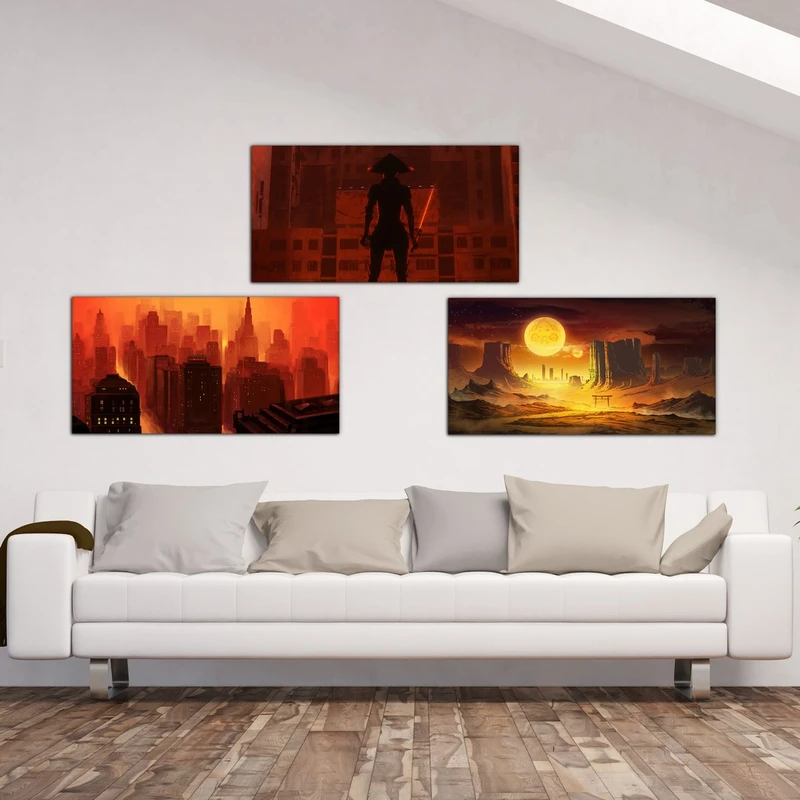 تابلو شاسی بکلیت طرح نقاشی غروب خورشید مدل SH-556 مجموعه 3 عددی