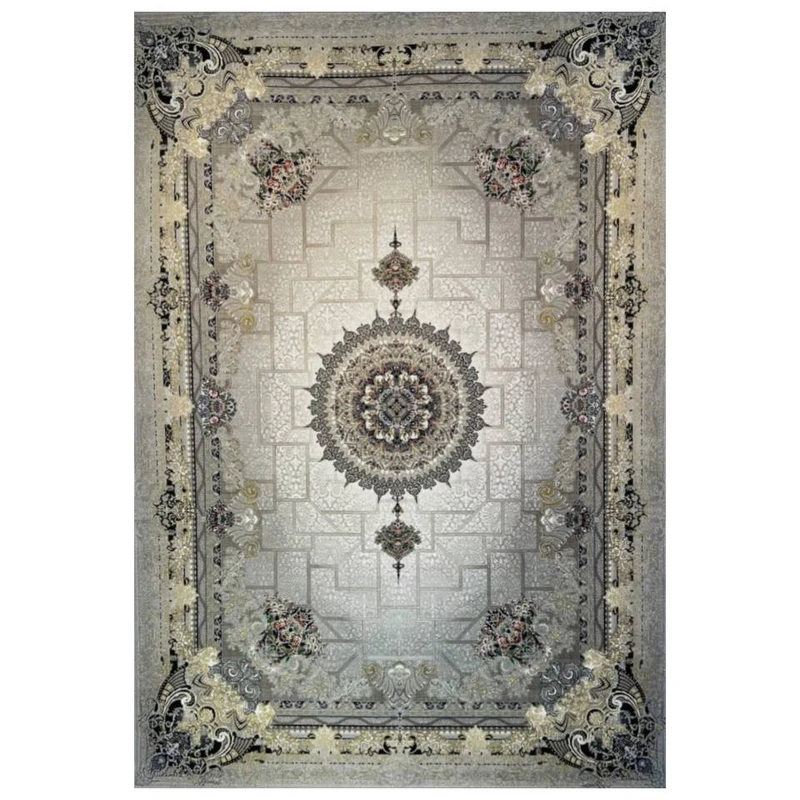 فرش ماشینی 1200 شانه زمینه نقره‌ای حاشیه سیلور مدل شاهنامه سیلور 