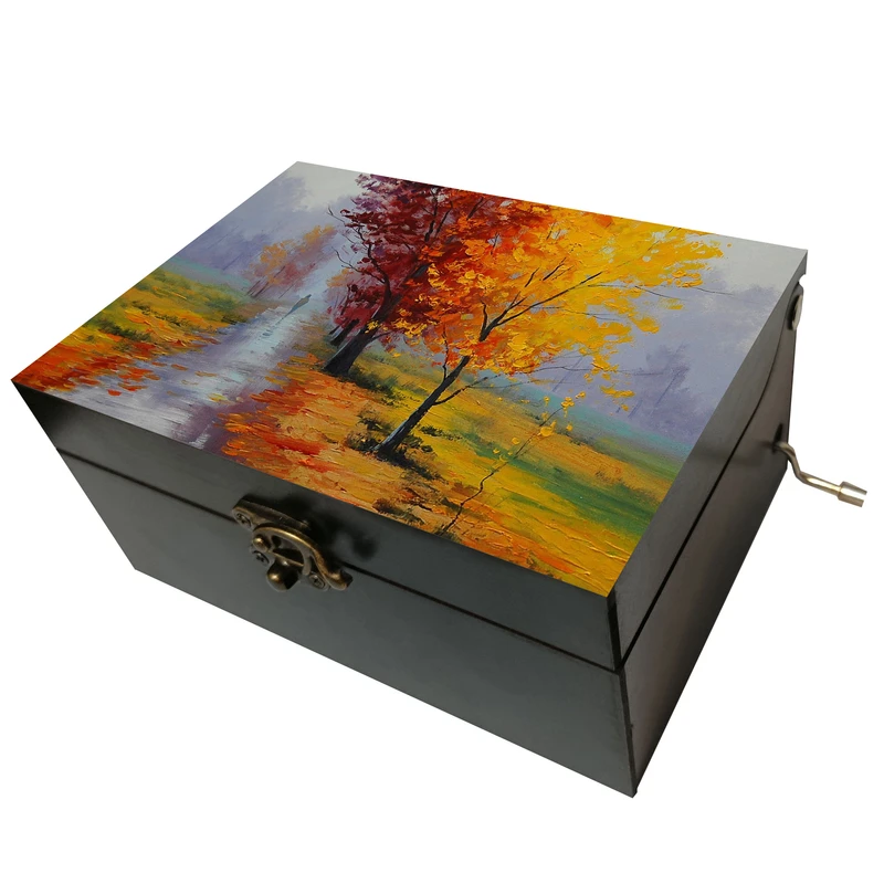 جعبه موزیکال مدل هندلی طرح منظره پاییز رودخانه و درخت کد T1083