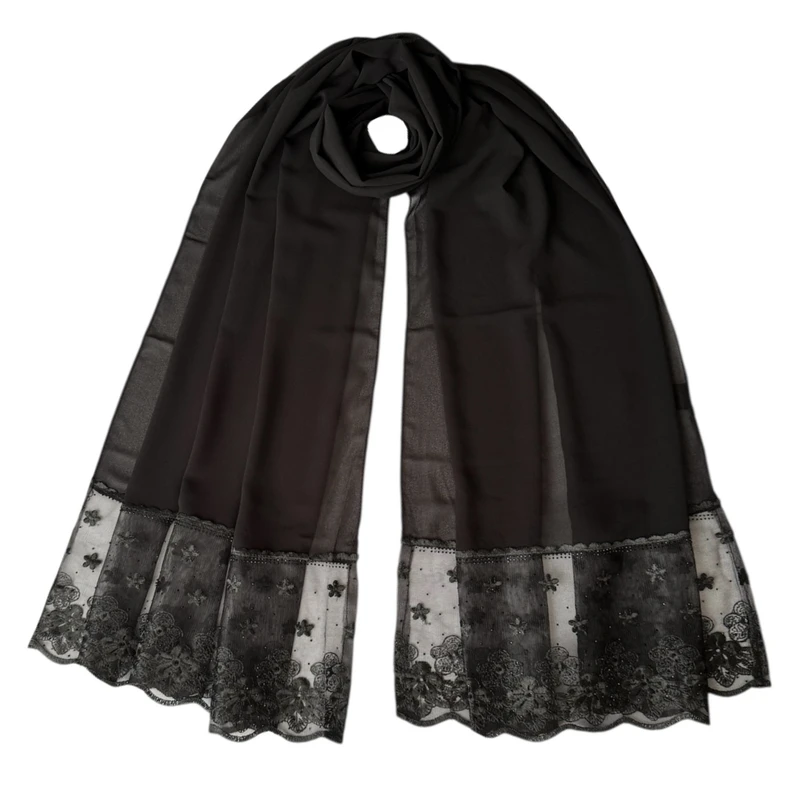 شال زنانه مدل مجلسی حریر کرپ ساده حاشیه گیپور نگین