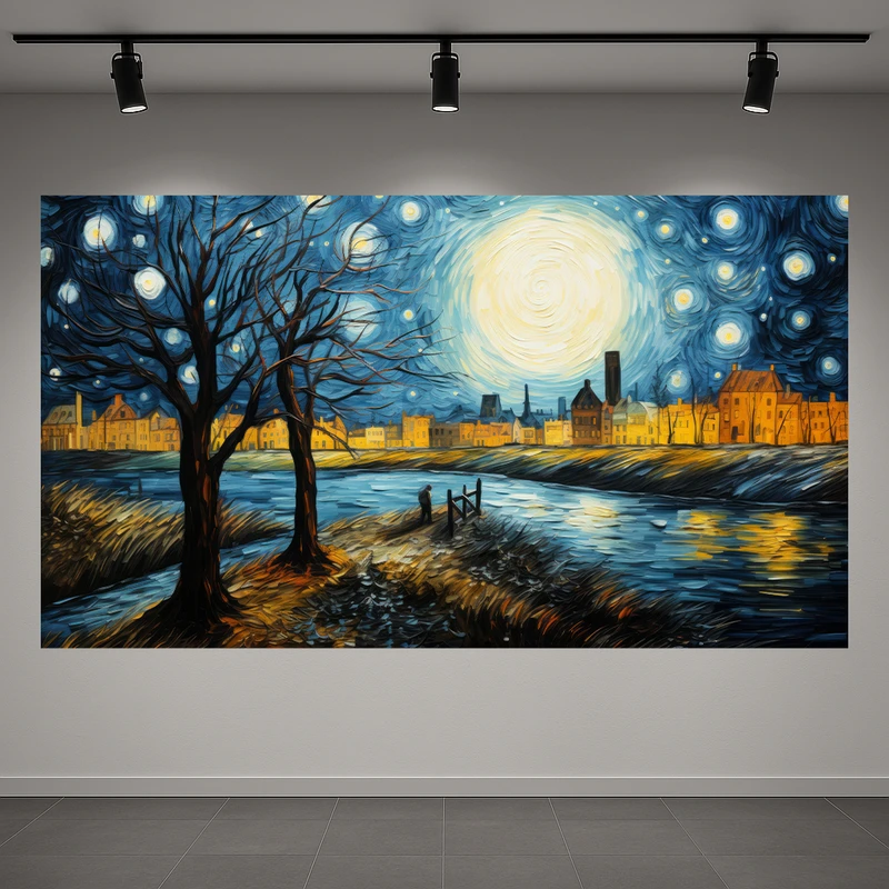 تابلو بوم طرح مخمل شهر روشن مدل شب پرستاره ونگوگ کد AR3060908