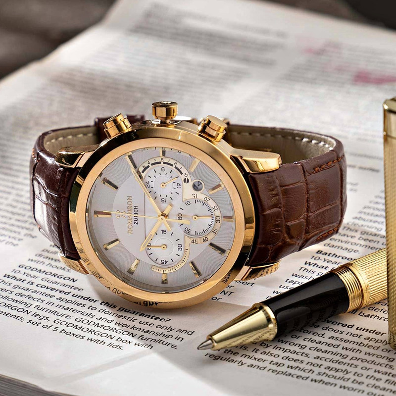 ساعت مچی عقربه‌ای مردانه رومانسون مدل بند چرمی سه موتور فعال کرنوگراف