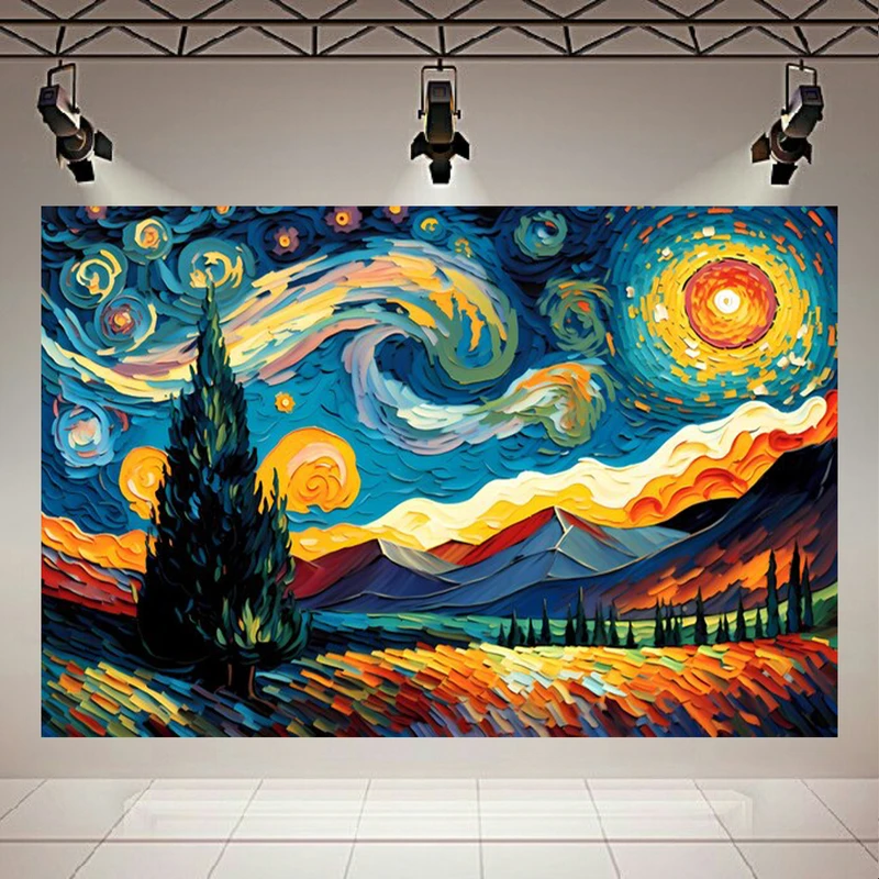 تابلو بوم طرح مخمل نقاشی شب پرستاره ونگوگ مدل مدرن کد PD20499