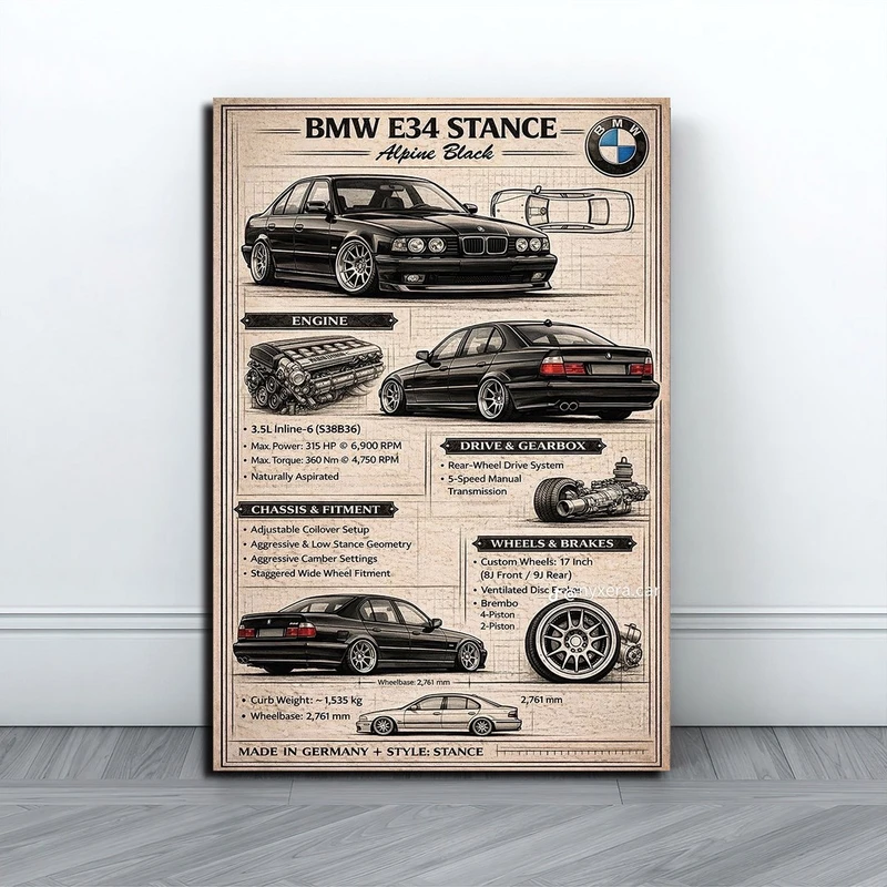 تابلو شاسی بکلیت طرح ماشین BMW E34 STONE مدل SH-S10681