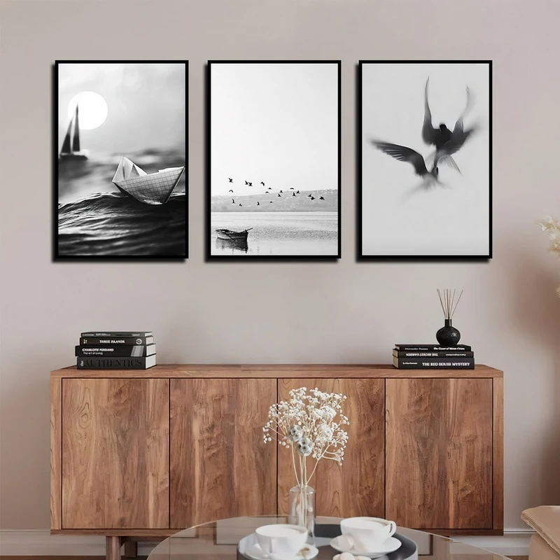 تابلو بکلیت طرح دریا و قایق کاغذی مدل B-4036 فریم مشکی مجموعه 3 عددی