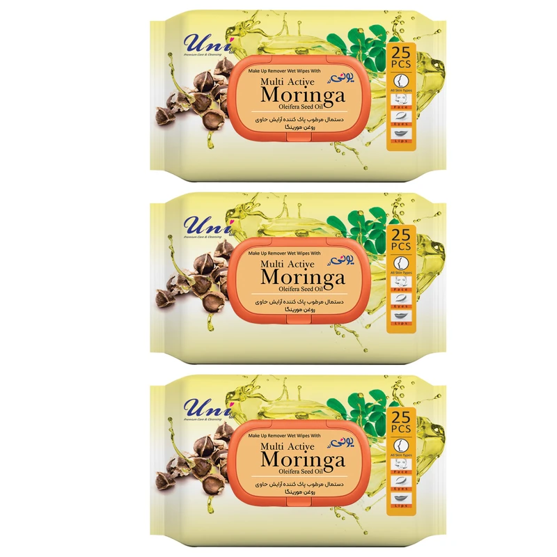 دستمال مرطوب یونی لد مدل پاک کننده آرایش روغن مورینگا سه بسته 25 عددی