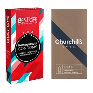 کاندوم چرچیلز مدل Ultra Thin Double Delay بسته 12 عددی به همراه کاندوم بست لایف مدل Pomegranate بسته 12 عددی
