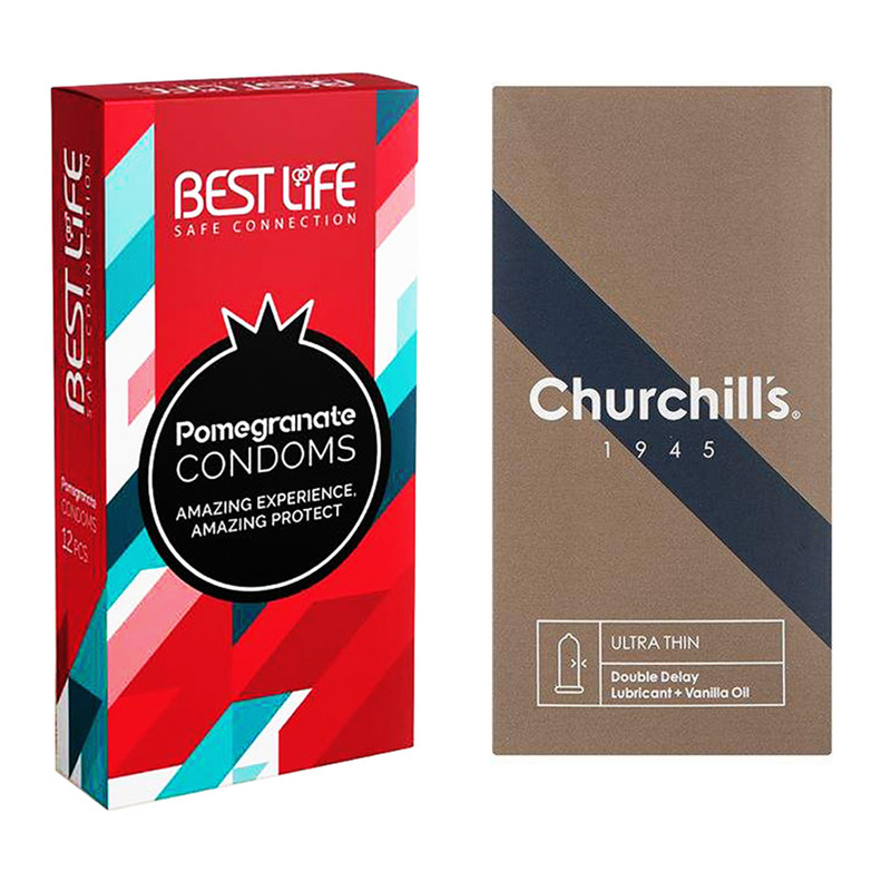 کاندوم چرچیلز مدل Ultra Thin Double Delay بسته 12 عددی به همراه کاندوم بست لایف مدل Pomegranate بسته 12 عددی