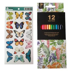 مداد رنگی 12 رنگ پرودون مدل پاستلی طرح طوطی و پروانه کد mn33 به همراه برچسب