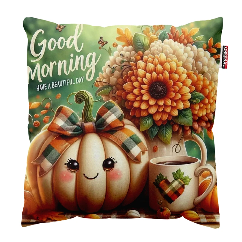 کوسن پاد آفرین مدل پاییزی طرح صبح بخیر کد PK402365 سایز 40*40 سانتی متر