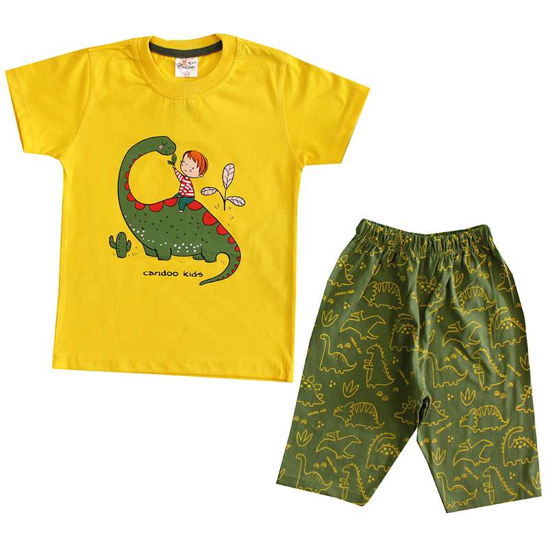 ست تی شرت و شلوارک پسرانه مدل دایناسور رنگ زرد