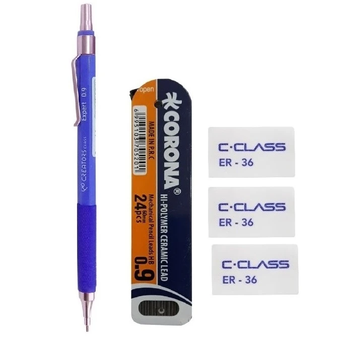 مداد نوکی 0.9 میلی متری سی.کلاس مدل ارغوان به همراه نوک و پاک کن مجموعه 5 عددی 