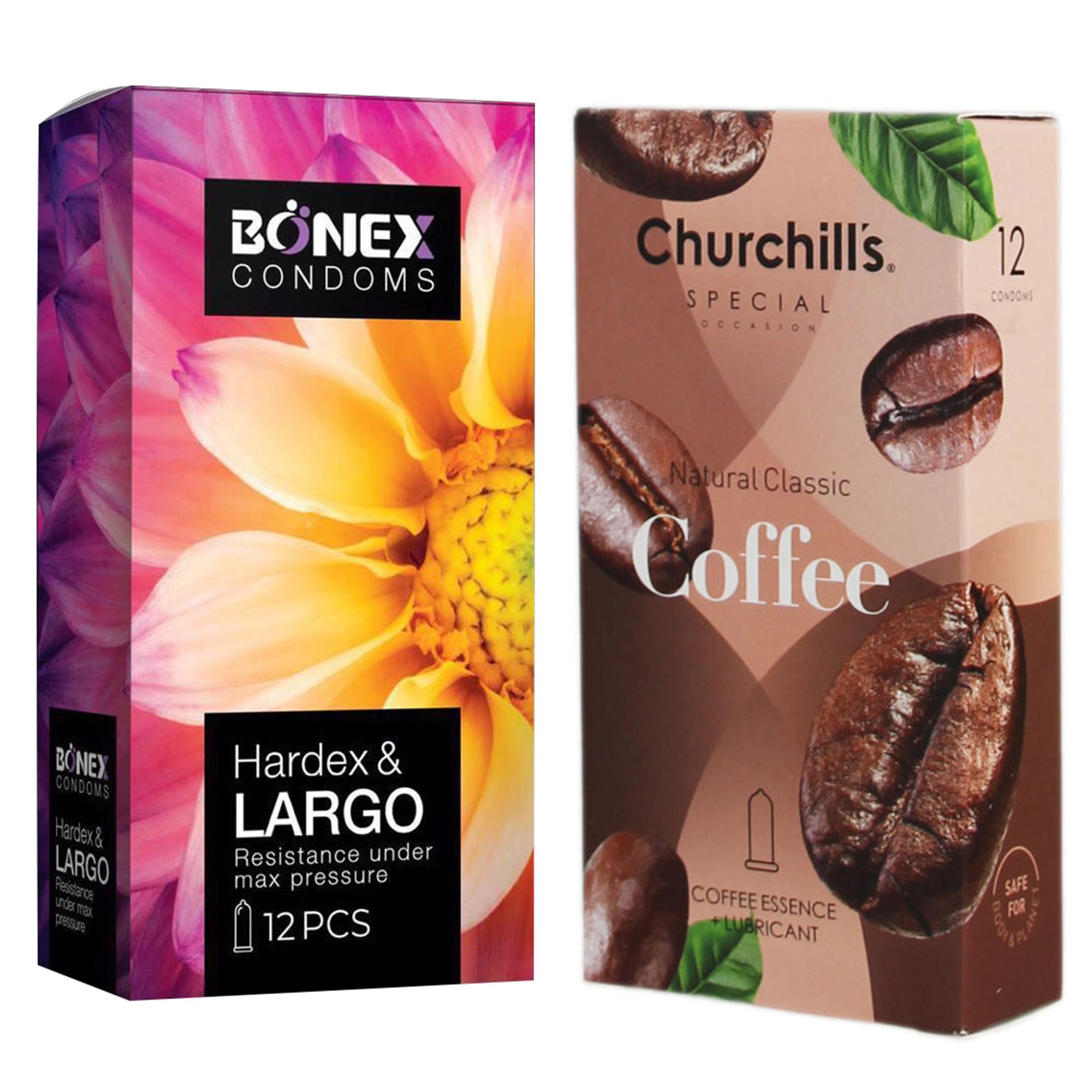 کاندوم چرچیلز مدل Coffee بسته 12 عددی به همراه کاندوم بونکس مدل Hardex & Largo بسته 12 عددی 