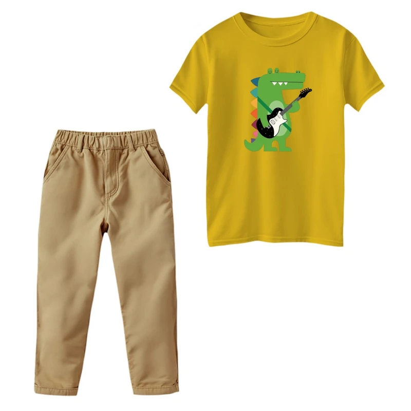 ست تی‌شرت و شلوار پسرانه مدل دایناسور رنگ زرد