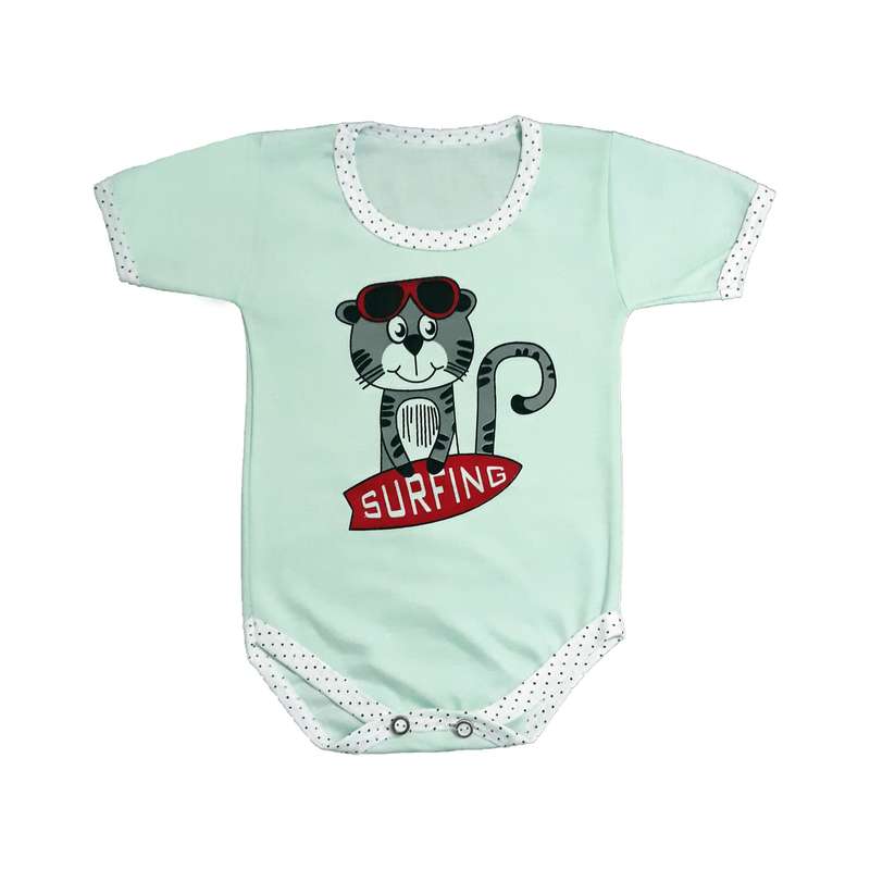 بادی آستین کوتاه نوزادی مدل Cat رنگ سبز