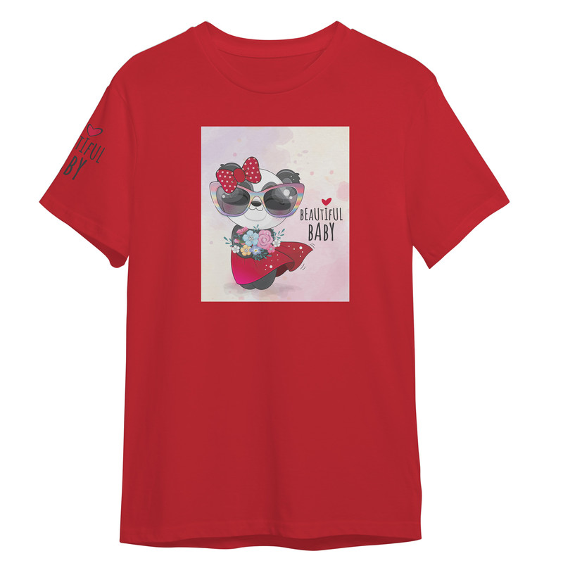 تی شرت آستین کوتاه دخترانه مدل خرس پاندا زیبا کد 0481 رنگ قرمز