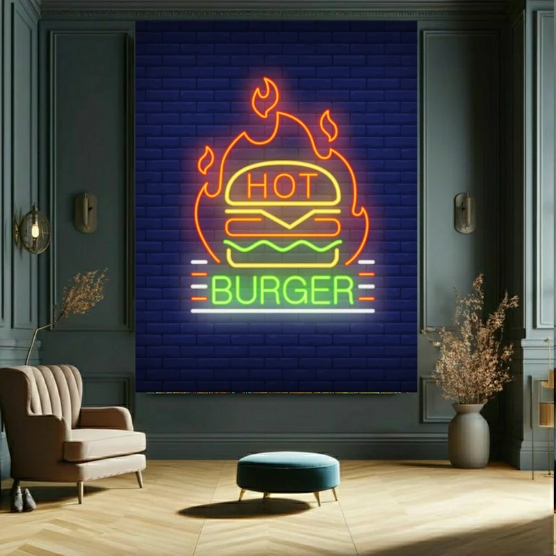 پوستر دیواری طرح هات برگر مدل همبرگر نئونی کد FP105321