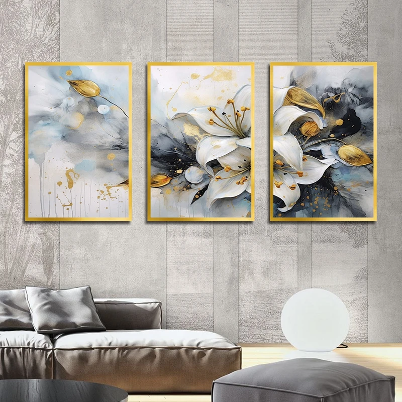 تابلو بکلیت طرح نقاشی رنگ روغن گل مدل شاین اکلیلی T-3135 مجموعه 3 عددی