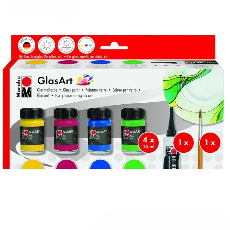 رنگ شیشه مارابو مدل Glas-Art حجم 15 میلی لیتر به همراه خمیر دورگیر و قلم مو بسته 4 عددی