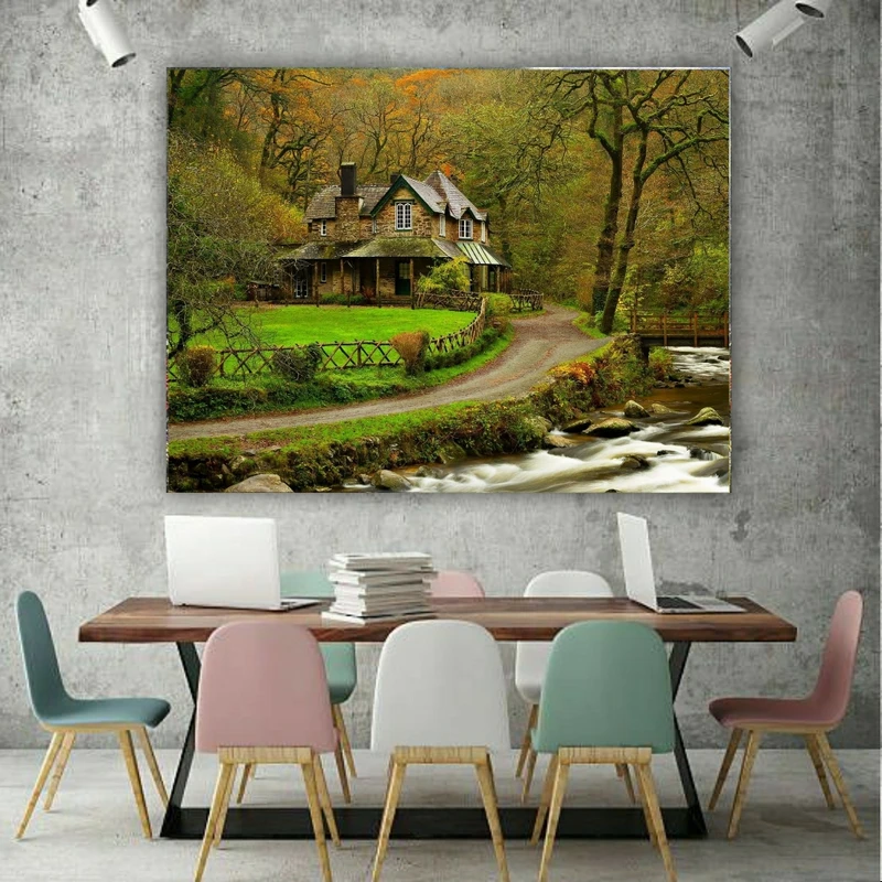 پوستر دیواری طرح خانه در جنگل مدل طبیعت سرسبز  کد PD20556