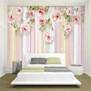پوستر دیواری سه بعدی مدل گل آویز صورتی زمینه راه راه رنگی DVRF1519