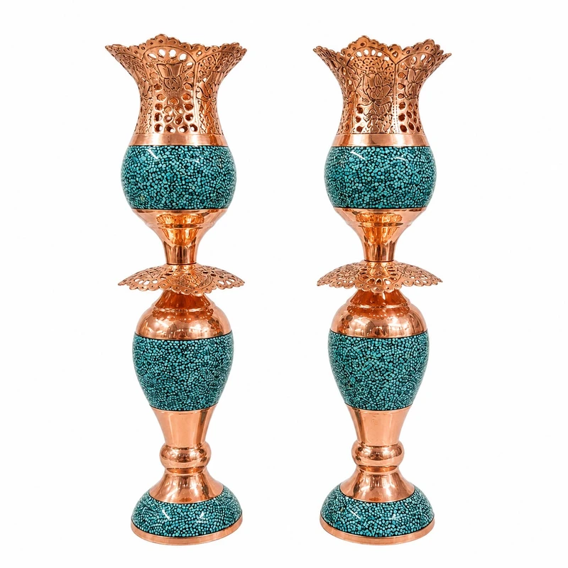 شمعدان لاله فیروزه کوبی مسی آقاجانی کد F047 مجموعه 2 عددی