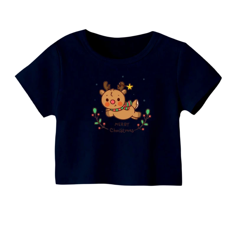 کراپ‌ تی‌شرت آستین کوتاه زنانه مدل گوزن کریسمس کد 10